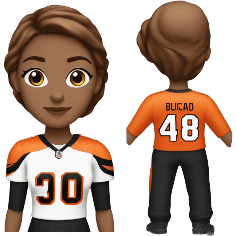 Caucasian ￼women with brown hair wearing a Cincinnati bengals jersey emoji