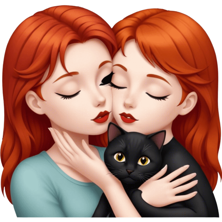 A red-haired girl kisses a black British cat  emoji