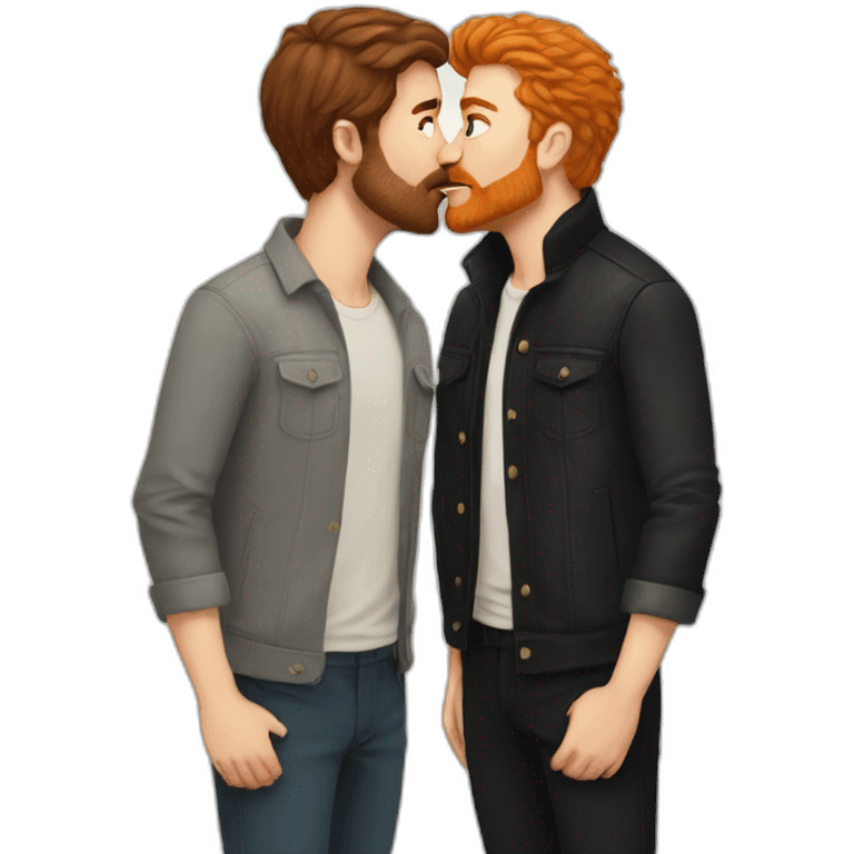 White Man with brown hair and ginger beard kissing white man with black hair emoji