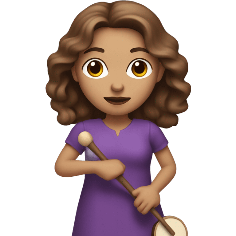 White woman standing with long flowing purple dress and long wavy brown hair holding a small handheld frame drum and a drum stick emoji