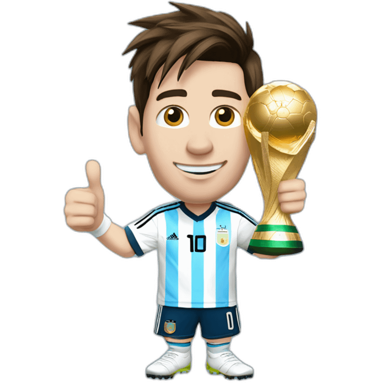 lionel messi with blue and white tshirt with argentina logo doing thumps up and the world cup trophy on the other hand emoji