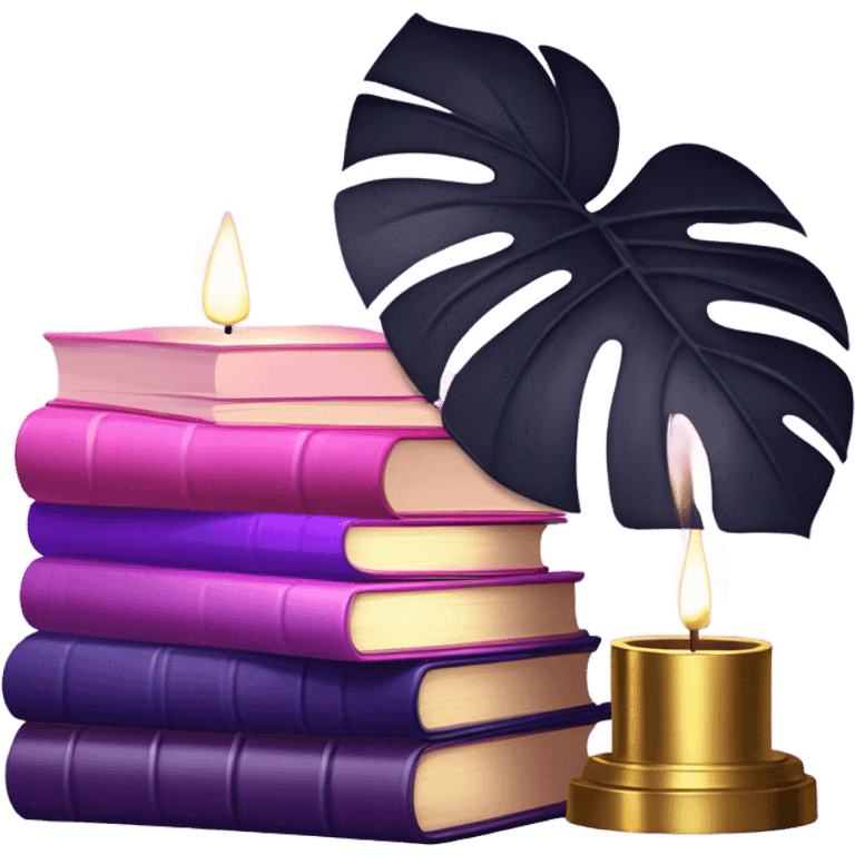 An elegant still life featuring a stack of light and dark violet books, a pink monstera plant, and a brass candle holder. emoji