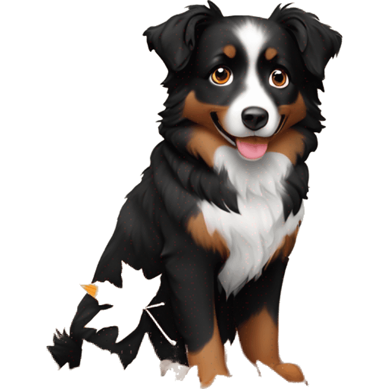 Small black australian shepherd dog in autumn leaves emoji