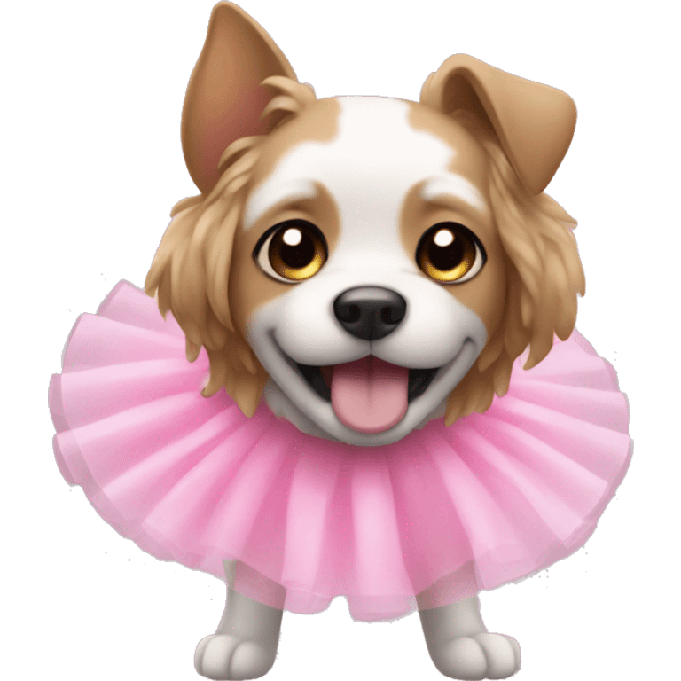 a dog wearing a pink tutu and bubbles emoji