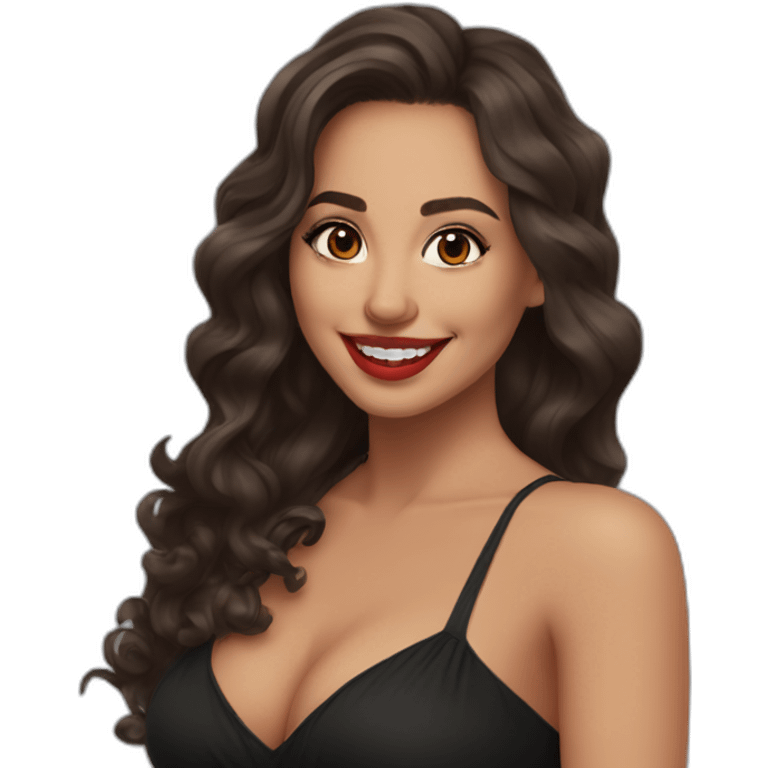 young moroccan woman with dark brown eyes, brown long curling hair with lighter tips, red lips, big smile, cleavage black dress emoji