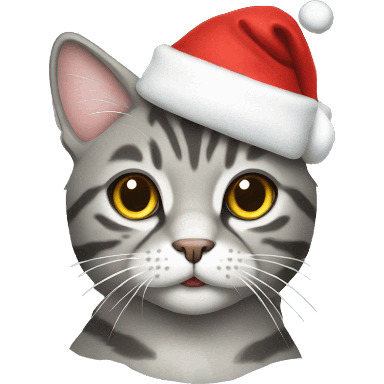 Grey tabby cat wearing a Santa hat emoji