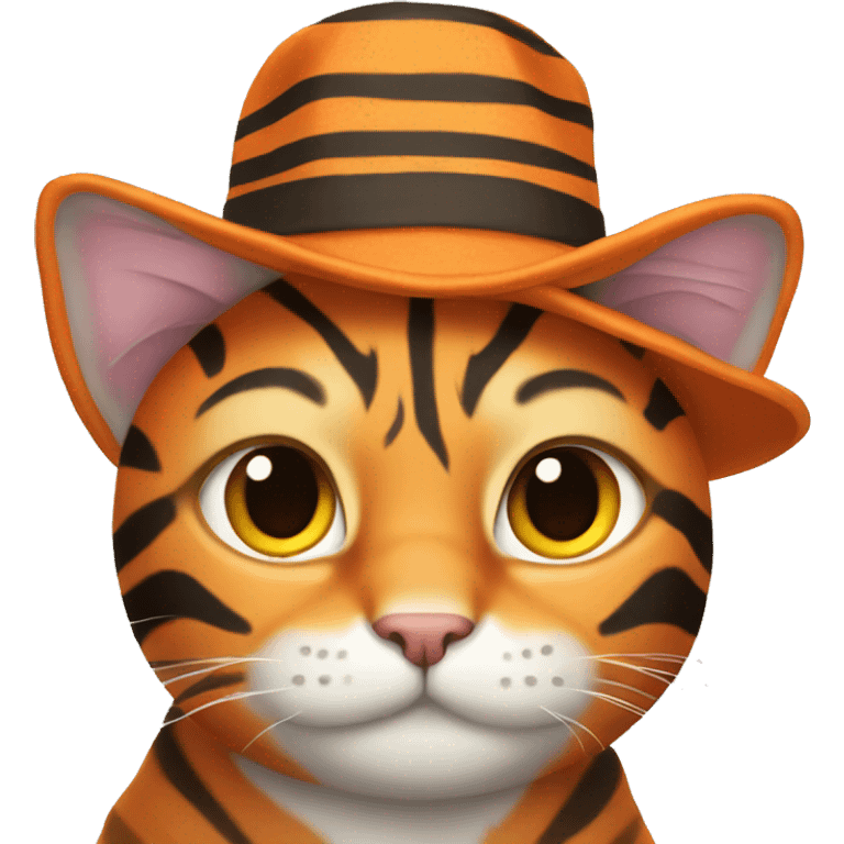 Orange striped cat wearing a hat to look like a tiger emoji