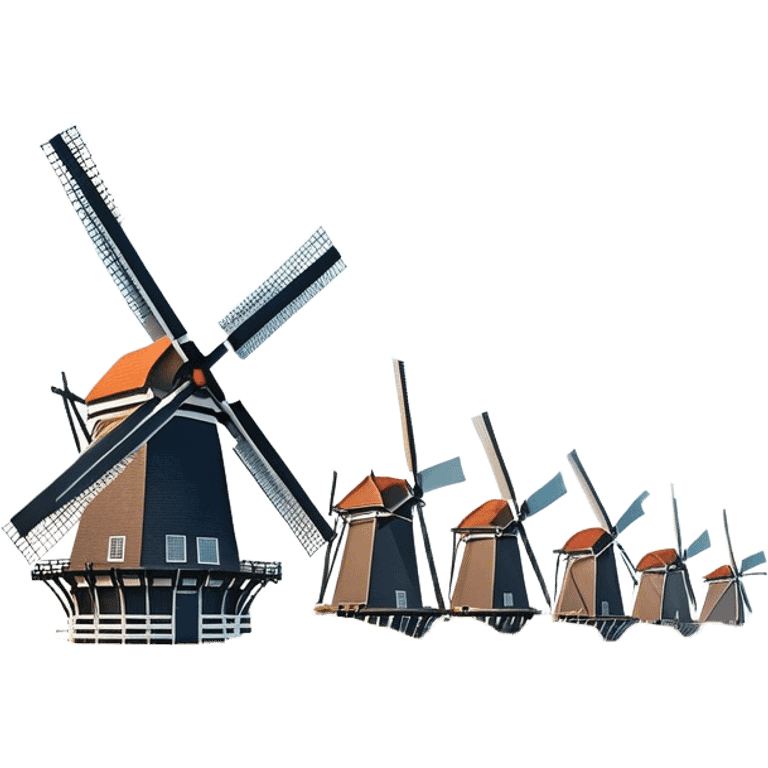 Cinematic Realistic Kinderdijk Windmills Landmark Emoji, depicted as a row of classic Dutch windmills set against a serene sky rendered with detailed textures and soft natural lighting. emoji