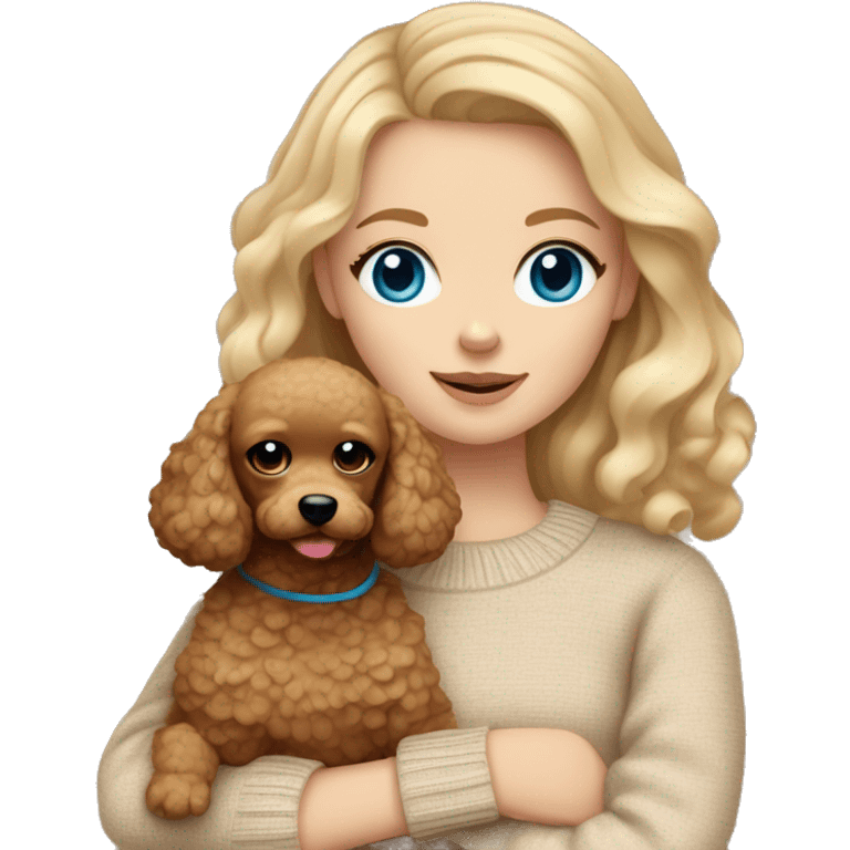 Pretty blue eyed white girl with blonde wave hair in a beige sweater holding a brown sweet toy poodle emoji