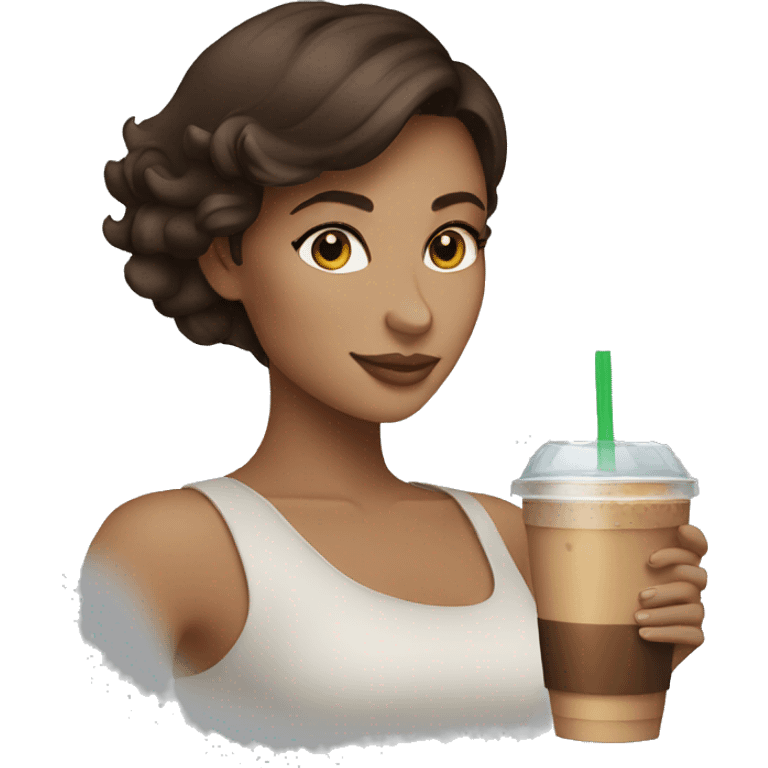 brunette with iced coffee emoji