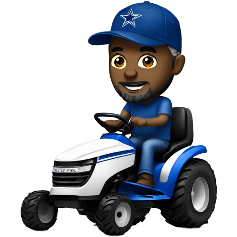 Bigger white man with short grey beard and blue Dallas cowboys hat riding lawn mower  emoji