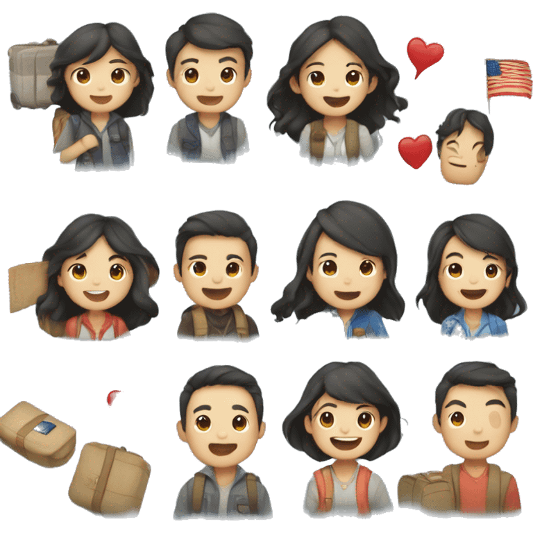 Cute Asian couple (girl with wavy long hair guy with short straight hair) excitedly traveling  emoji