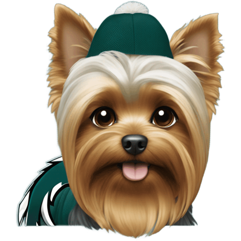 Yorkie wearing a Philadelphia eagles shirt emoji