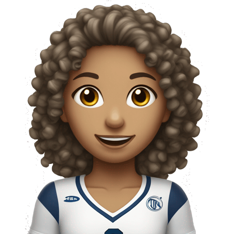 very cute curly haired girl in a white jersey playing volleyball  emoji