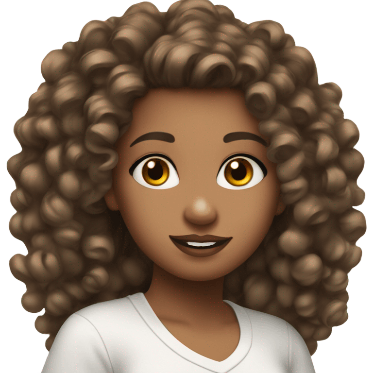 pretty girl with brown curly hair up to her shoulders wearing a white makeup T-shirt emoji