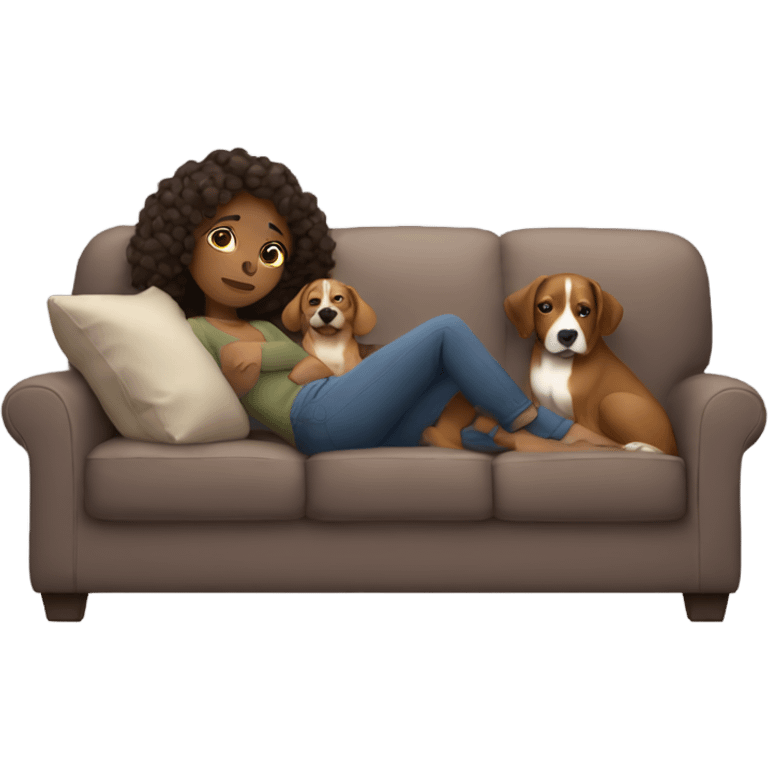 Brown girl being lazy on a sofa with three dogs next to her emoji