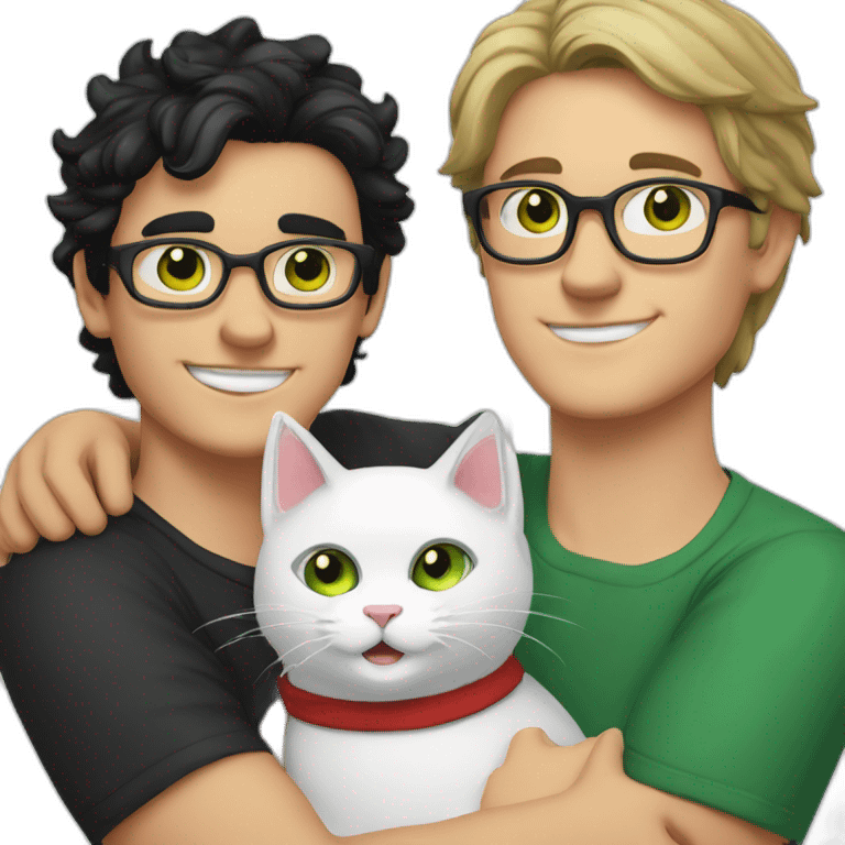 White guy with green eyes, black hair and with glasses hug red percian cat emoji