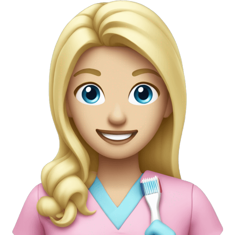 blonde dentist with blue eyes pink scrubs and holding tooth brush emoji