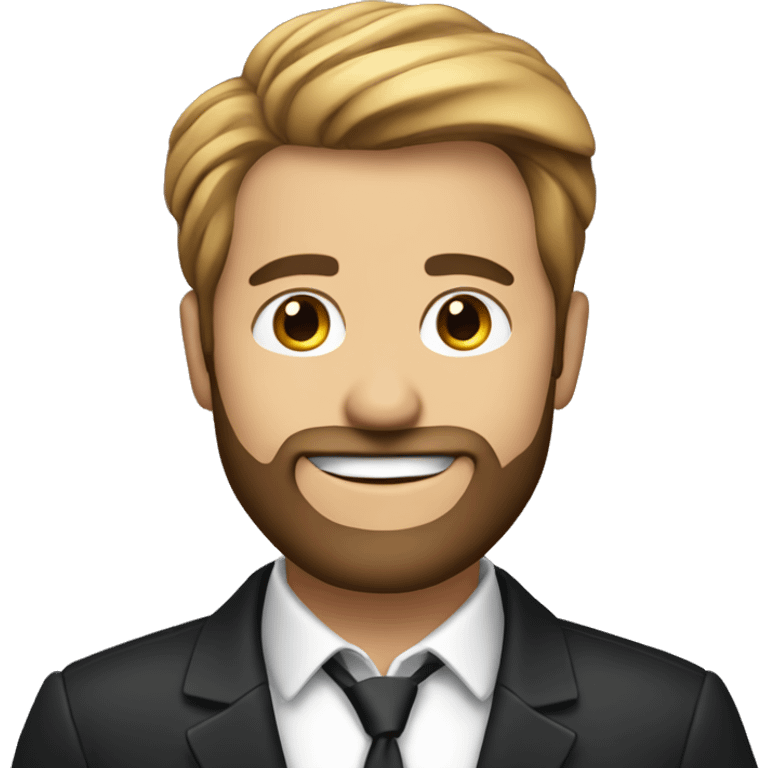 Smiling businessman with a beard, black jacket, hand on chin, confident and friendly. emoji