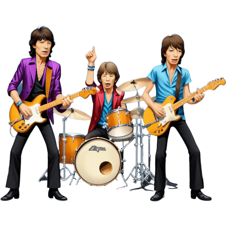 Icon for Rock Music: The Rolling Stones live on stage with Mick Jagger performing vocals, Keith Richards playing guitar, and Charlie Watts on drums. Iconic stage lights, electric guitars, and energetic crowd. Transparent background. emoji