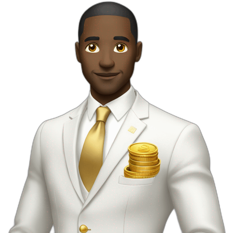 Posh-black-man-with-white-suit-holding-golden-coins emoji