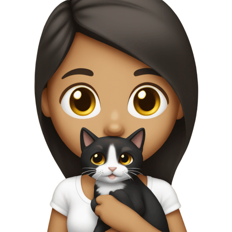 Una chica con Un gatito negro y blanco  emoji