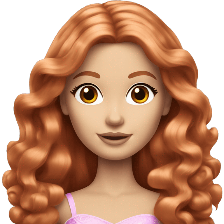 Caucasian Barbie princess with brown eyes and big long wavy red hair emoji