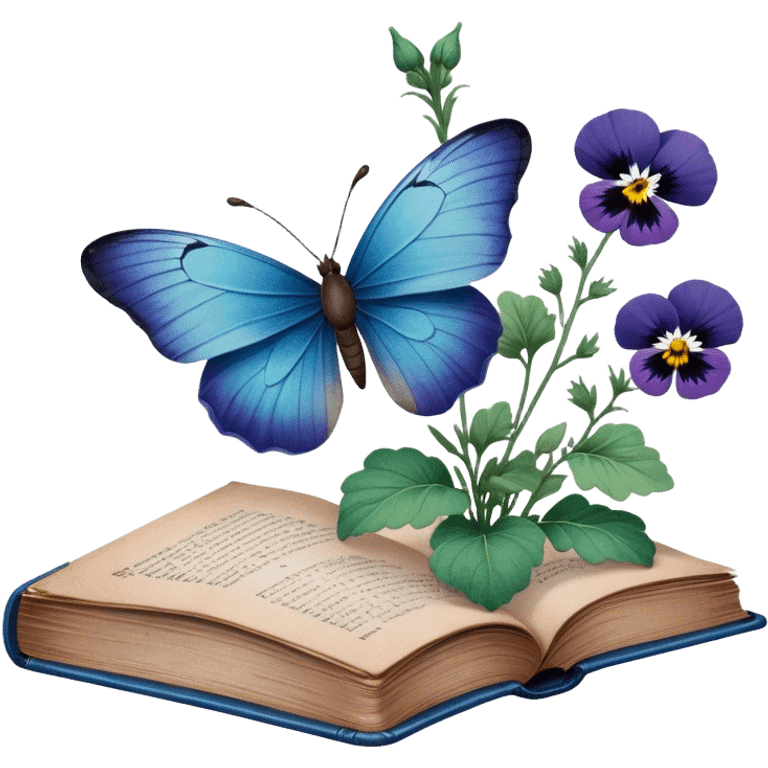 A vintage book with a worn blue cover, open to reveal pressed pansies and a resting green butterfly. emoji