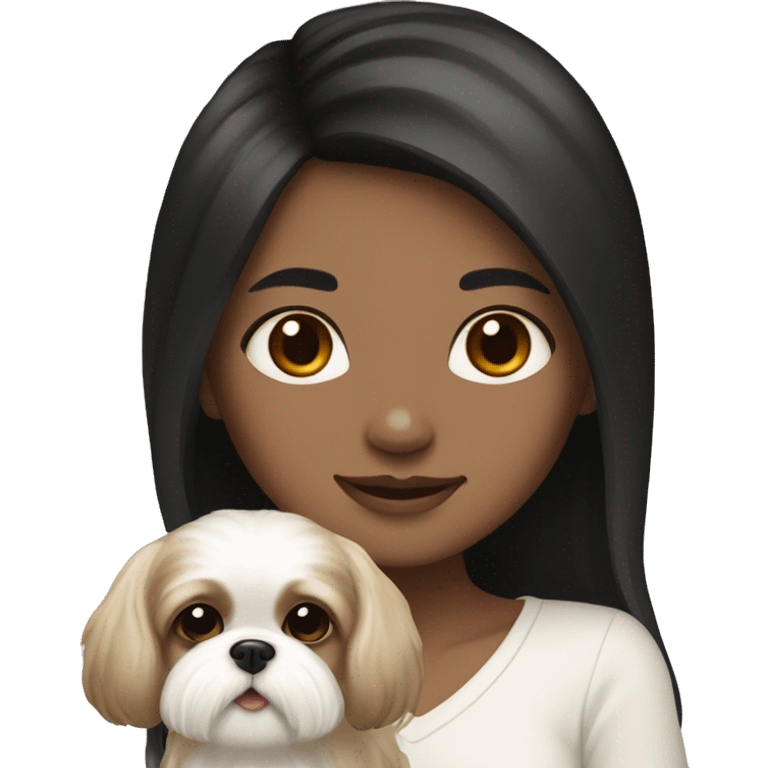 Tan girl, with long black hair, holding white shih tzu with light brown spots emoji