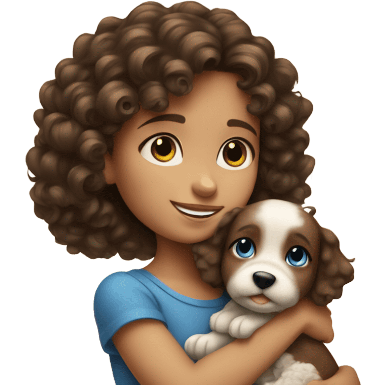 Little brunette girl with curly hair and blue eyes hugging a small puppy emoji