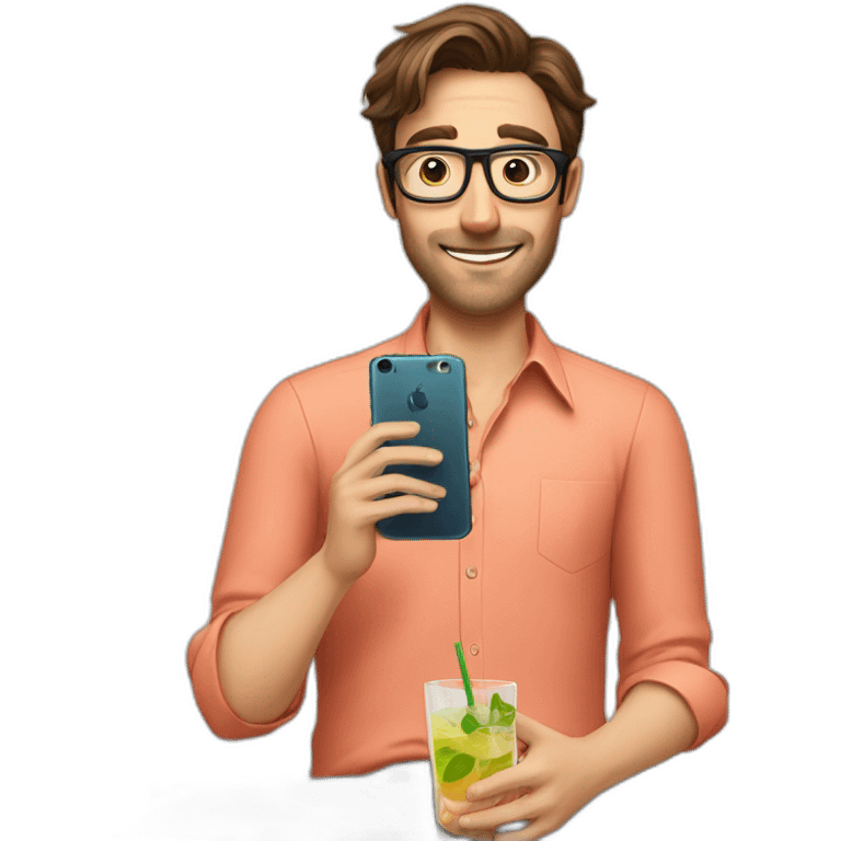 man with brown hair, octagonal glasses, and salmon colored shirt sitting on the toilet, holding a phone in one hand and a cocktail in the other hand emoji