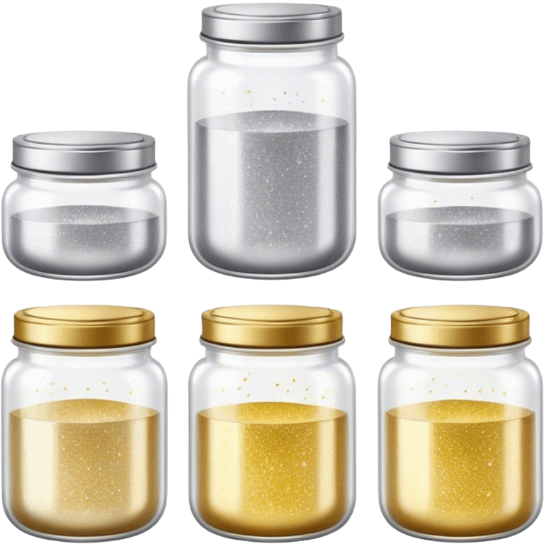 Cinematic Realistic Glitter Jars, elegant glass containers filled with ultra-fine shimmering gold and silver dust, light catching the tiny specks in a mesmerizing glow, slightly open lids revealing the rich, sparkling texture inside, set against a softly blurred background, radiating a sense of enchantment and wonder. emoji