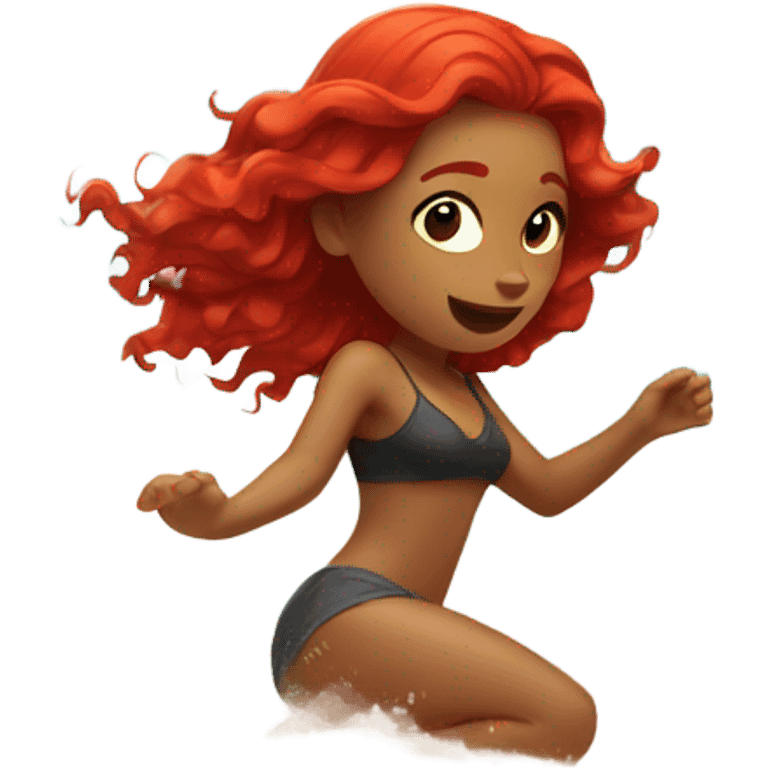 Girl flipping on beach with red hair emoji