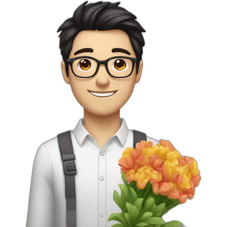 white skin guy with dark hair and glasses gives ф bouquet of flowers emoji