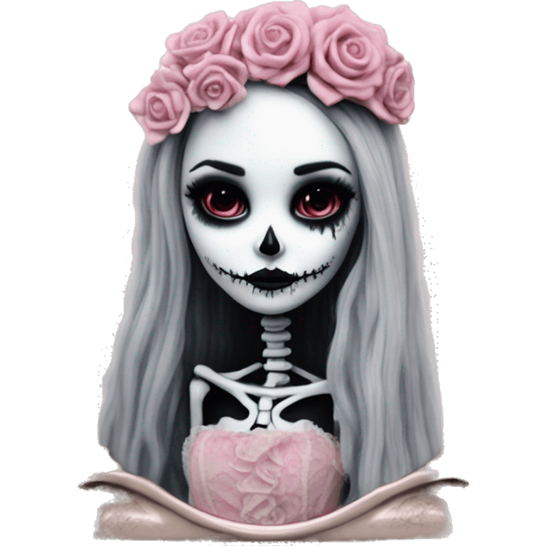 PINK LANDSCAPE PICTURE WITH FRAME: full body, hyper realism, full height skeleton, tim burton "corpse bride", thin porcelain doll with a cracked face, goth makeup, long hair, lace and ruffles, lolita style, inked, black and white, red roses emoji