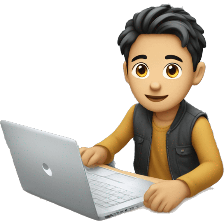 An Asian boy sitting in front of the hp laptop with fair skin color and a decent hairstyle  emoji