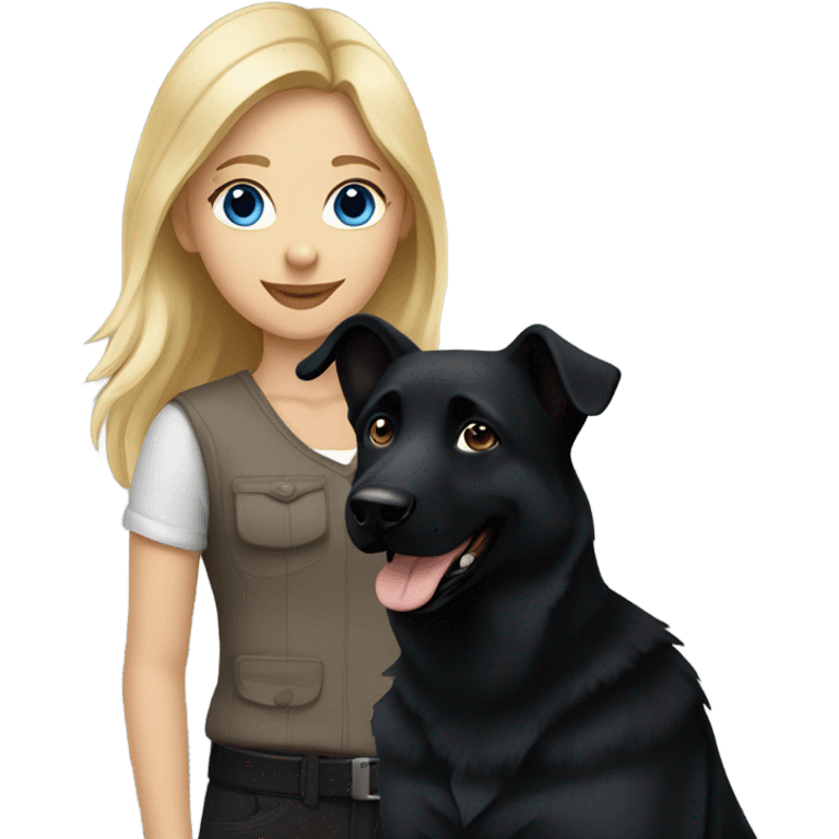 blonde girl who has blue eyes walking an all black female german shepherd  emoji