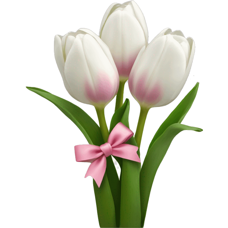 White tulips with pink bow holding them together  emoji