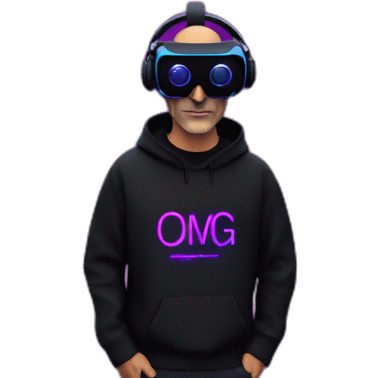 Steve Jobs wearing a black hoodie with "OMG" letters on it and VR headset in a cyberpunk VR environment with violet neon lighting. emoji