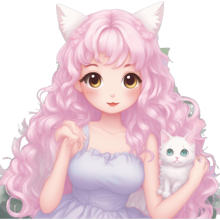 Gorgeous pastel anime style lady with blushing face and cat ears cottagecore fairycore pastelcore colorful pearly romantic simplistic aesthetic trending style full body emoji