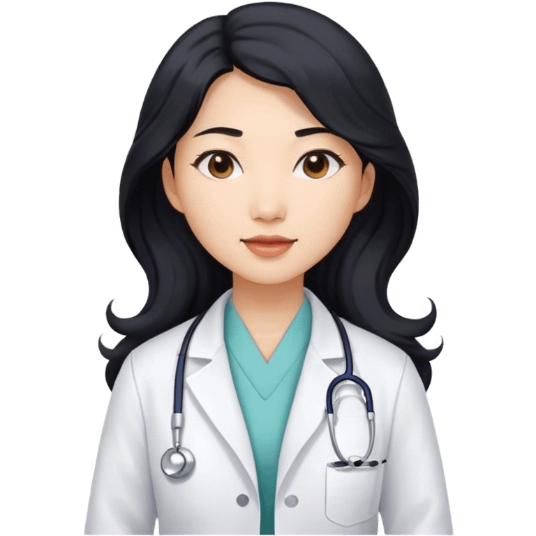 Wavy long black hair Asian female doctor in white coat emoji