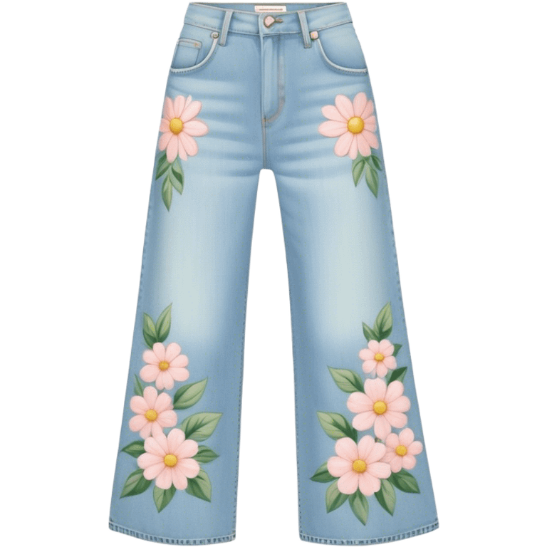 light wash denim wide leg jeans with pastel flowers painted on them emoji