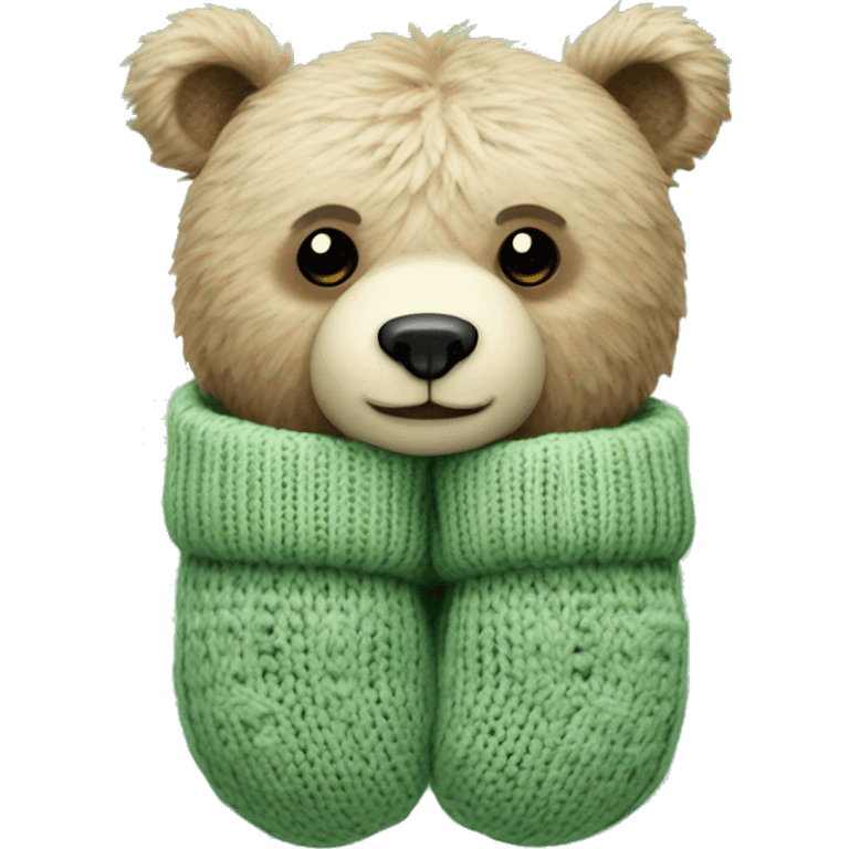 Cute Bear in knitted Sage green mittens emoji