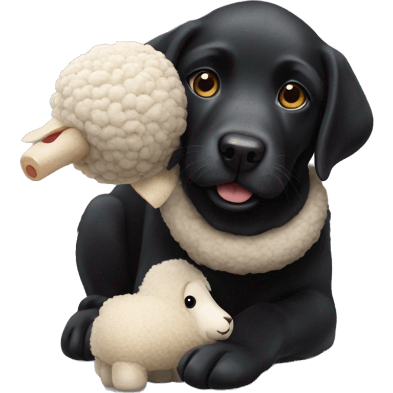 Black Labrador Retriever with a stuffed sheep toy in its mouth emoji