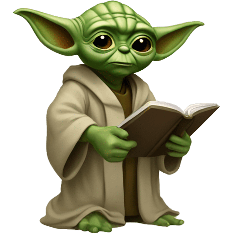 Master Yoda with a magnifying glass is looking in a book emoji