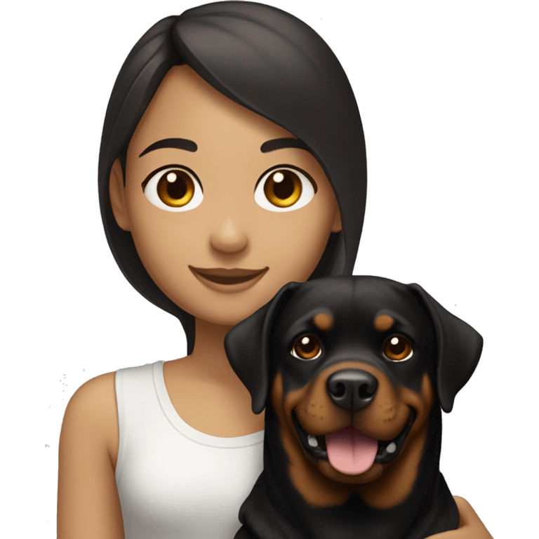 smiling light skinned girl with long straight dark brown hair holding a rottweiler emoji