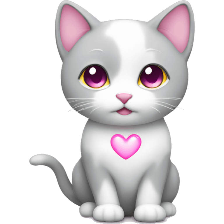 grey white cat cute with pink light heart  emoji