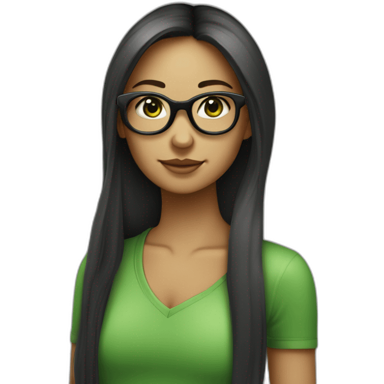 une fille avec de long cheveux noir lisse , des yeux vert , et avec des lunette (en forme de carrer un peu déformé) assez grosse comparer a ça tête emoji