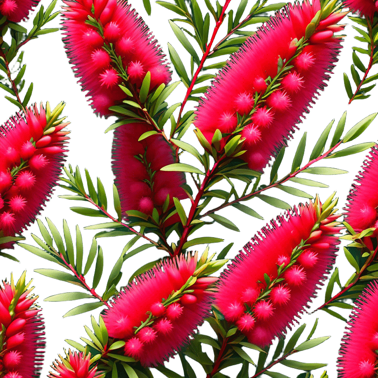 Cinematic Realistic Callistemon Emoji, Vibrant and striking, with spiky red flowers resembling a bottlebrush. The slender leaves create a fine backdrop to the bold blooms, while the plant exudes energy and vitality. Soft glowing outline, capturing the essence of strength, color, and natural beauty in a brilliant callistemon tree! emoji