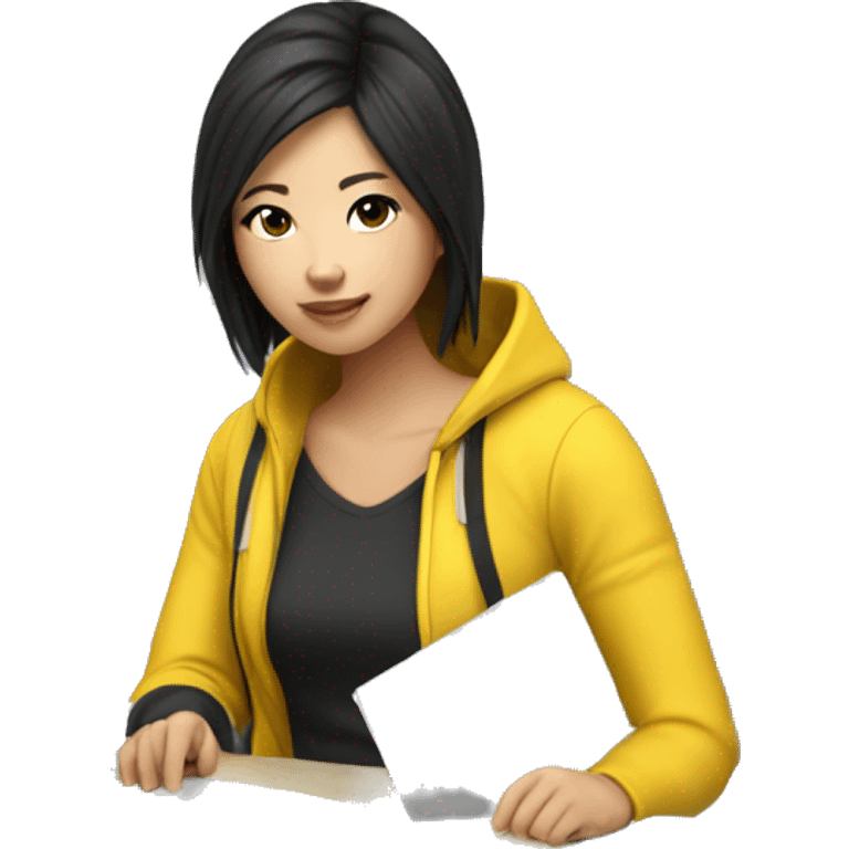 Designer female student using laptop Asian with black permed hair. Wearing yellow o clothes. emoji